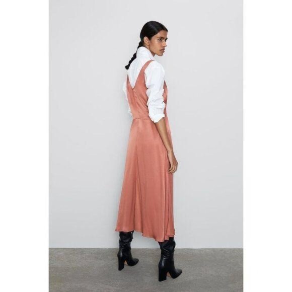 Zara Dusty Pink Satin Plunge V-Neck A-Line Dress Wide Straps Rounded Back - Picture 2 of 8